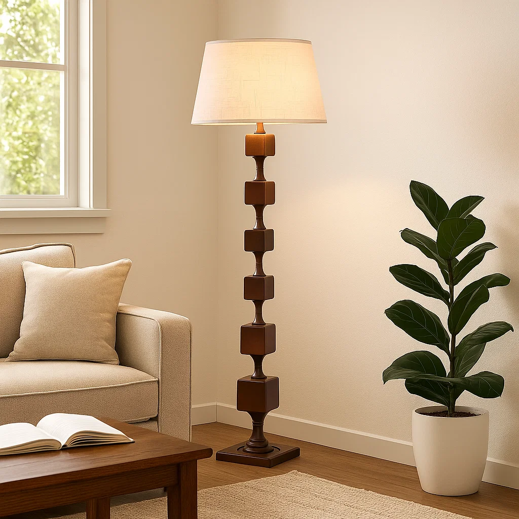 Lampadaire design nordique en bois massif avec abat-jour en tissu