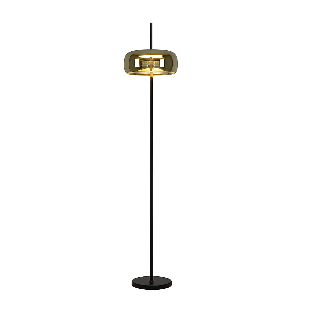 Lampadaire moderne en métal noir et abat-jour en verre électroplaqué