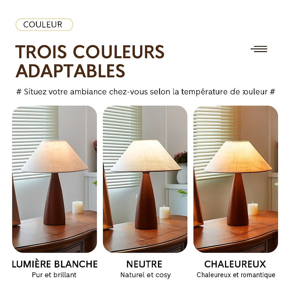 Lampe de Table en Bois avec Abat-jour en Tissu PVC – Style Moderne