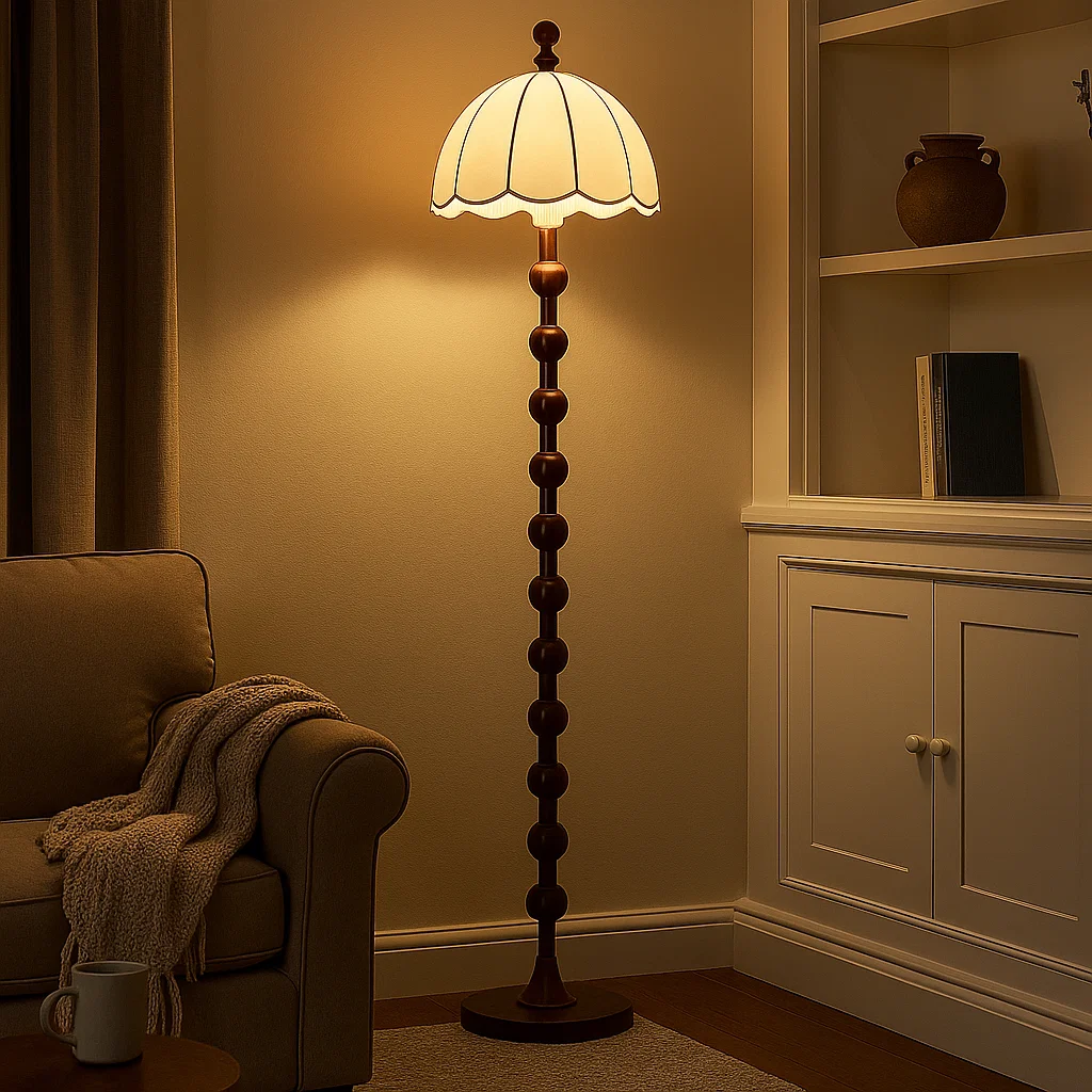 Lampe sur Pied Classique en Bois Massif avec Abat-jour en Soie – Style Vintage Français