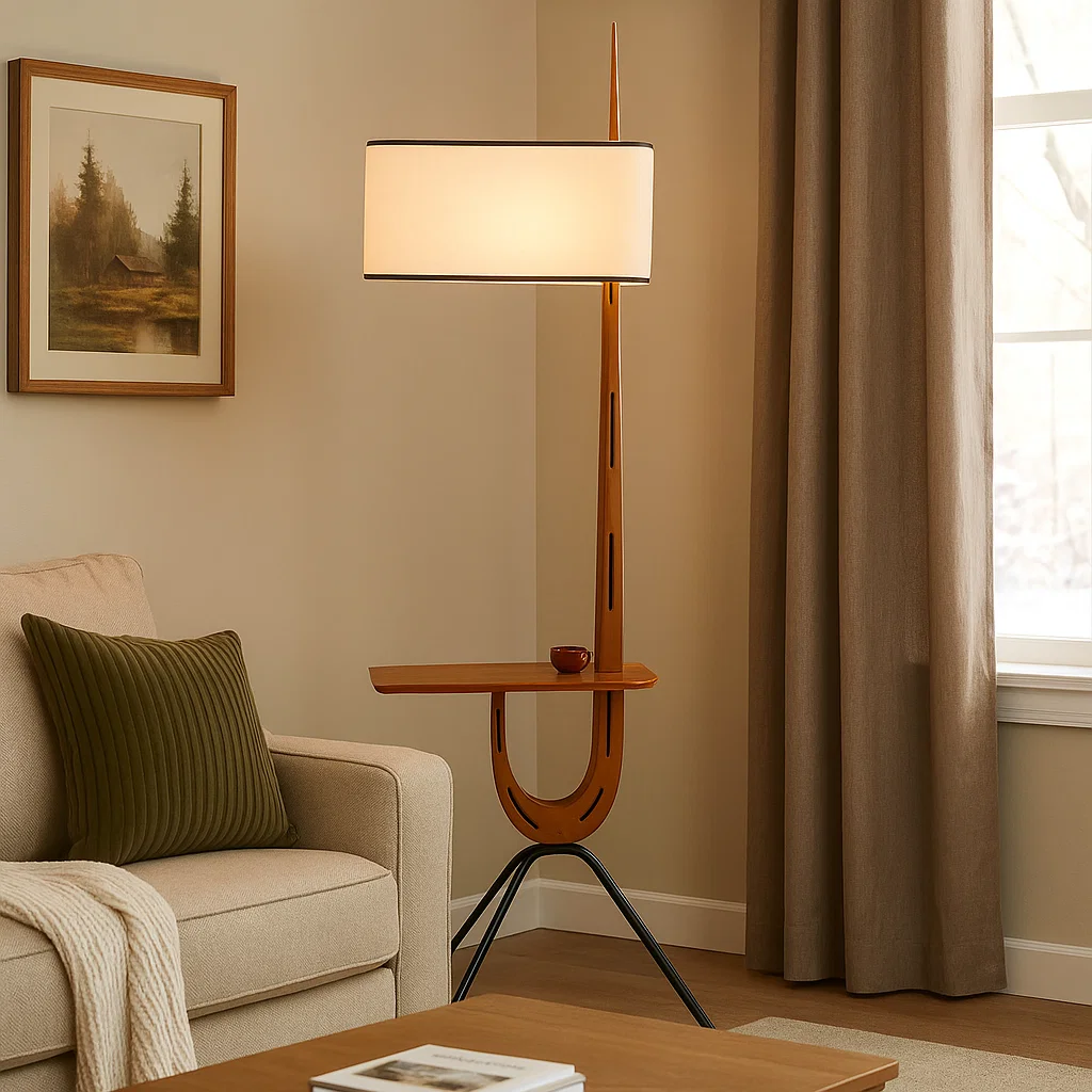 Lampadaire moderne avec étagère intégrée et abat-jour en lin rectangulaire