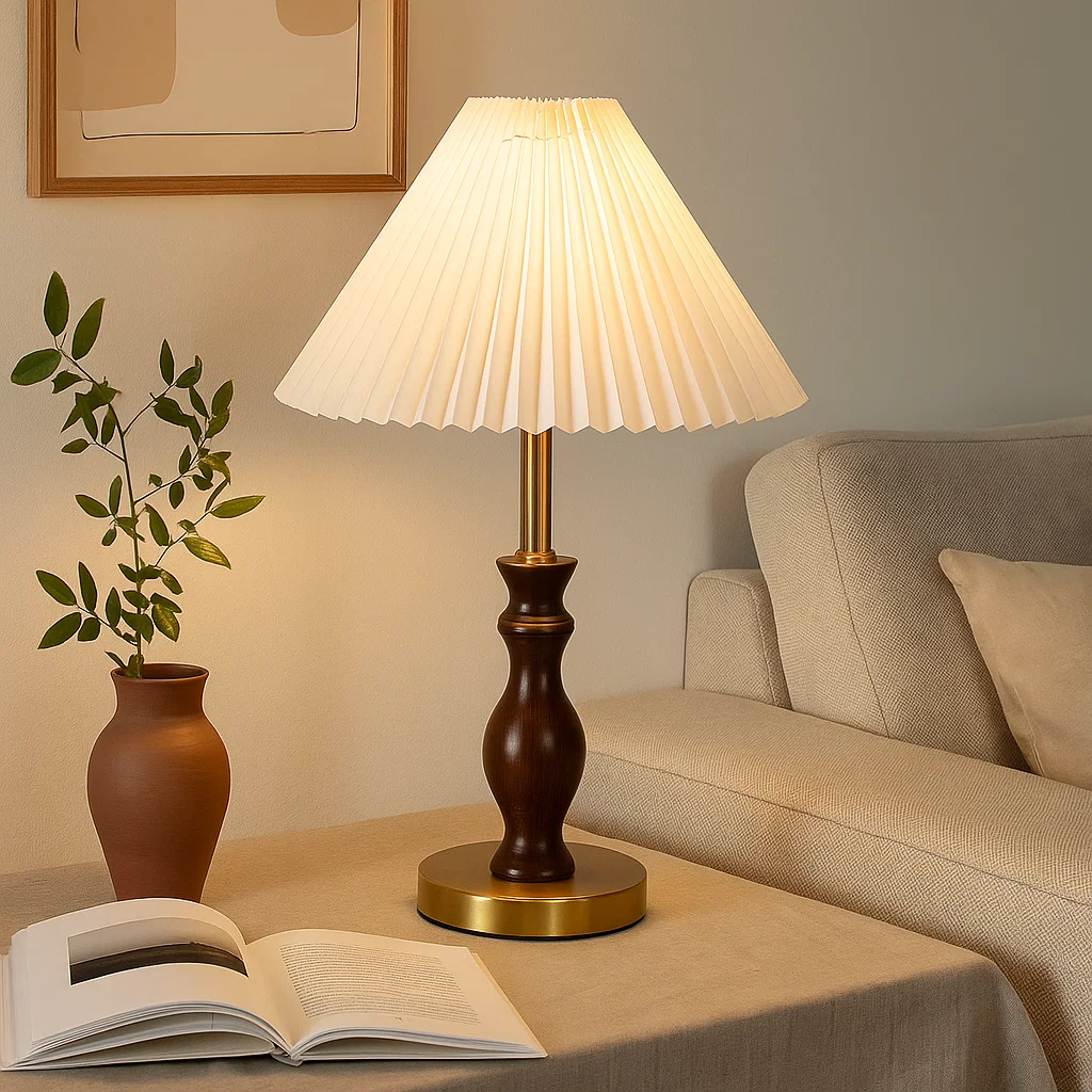 Lampe de Table en Alliage avec Abat-jour Plissé en Coton – Style Classique