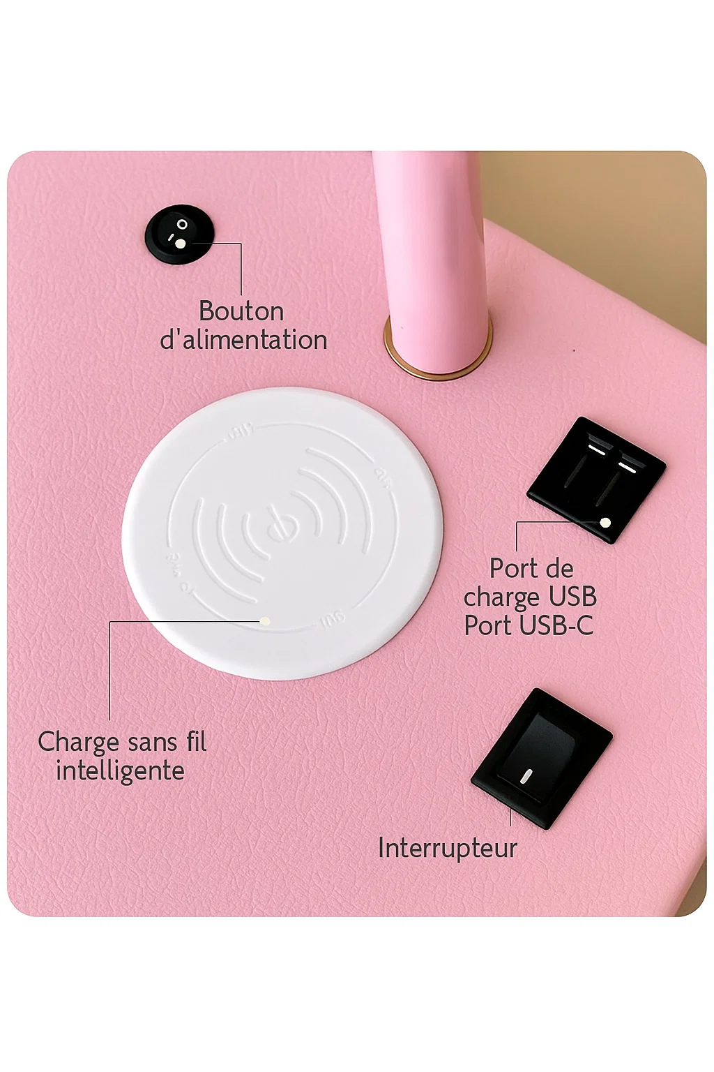 Lampe de chevet rose avec abat-jour plume et table de chevet intégrée à 2 tiroirs