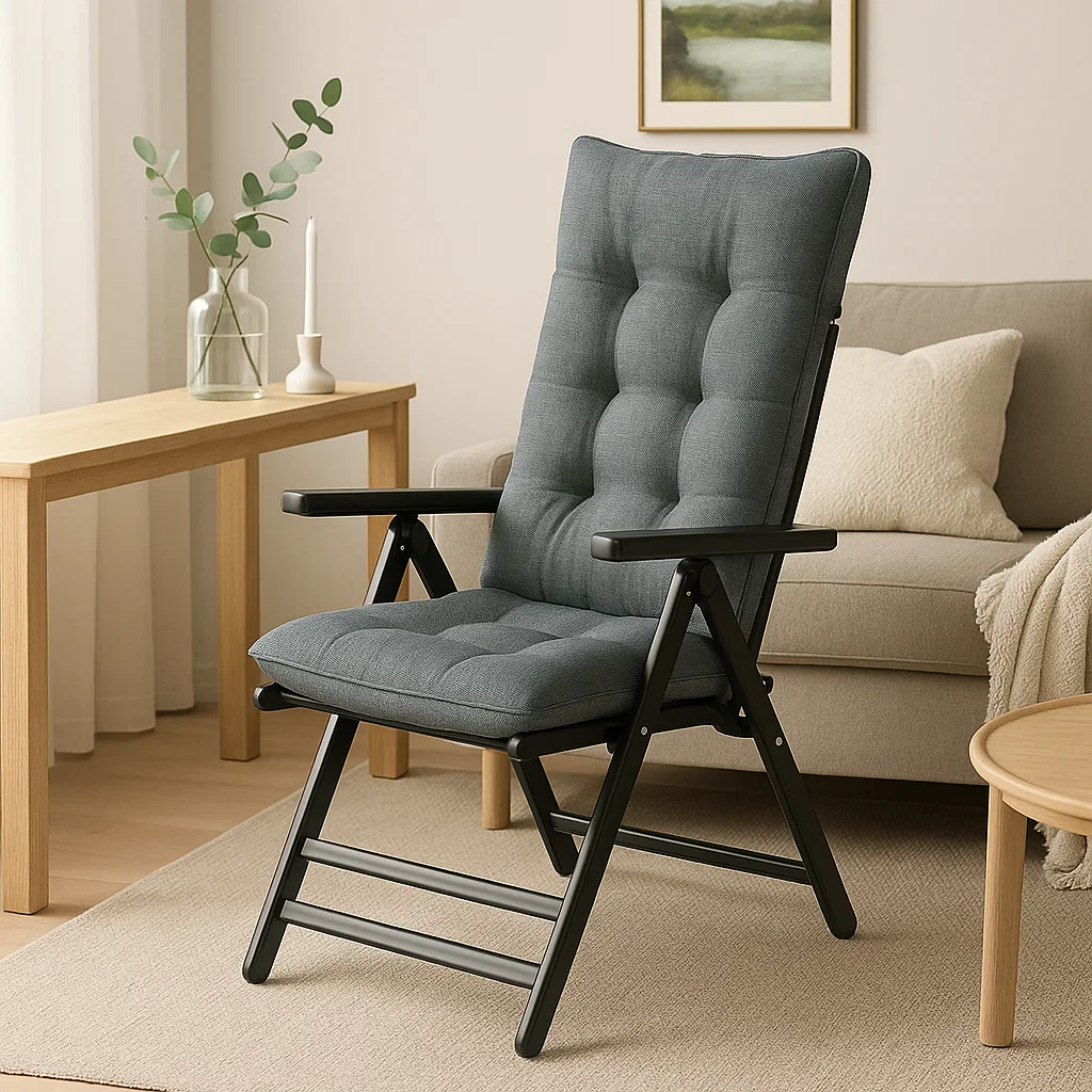 Fauteuil pliant avec coussin épais en lin-coton – Chaise de détente ergonomique pour salon et bureau