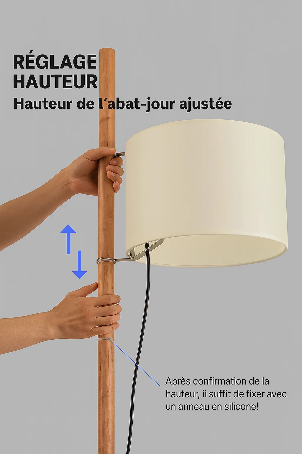 Lampadaire en bois massif avec abat-jour réglable en papier double pelé