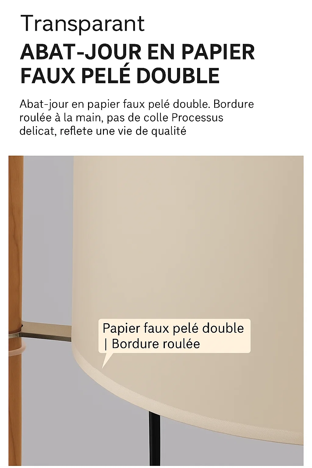 Lampadaire en bois massif avec abat-jour réglable en papier double pelé