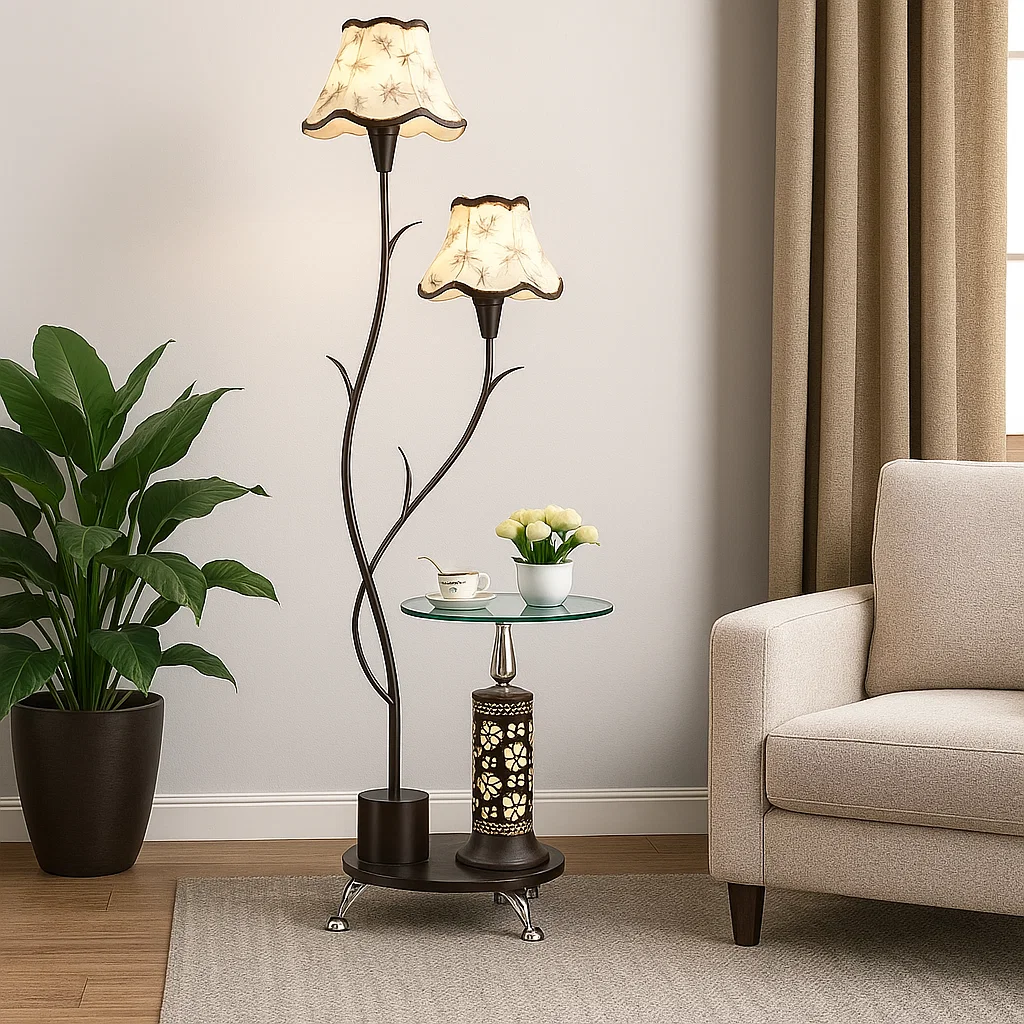 Lampadaire de salon avec table intégrée et double abat-jour en tissu – Style classique et fonctionnel