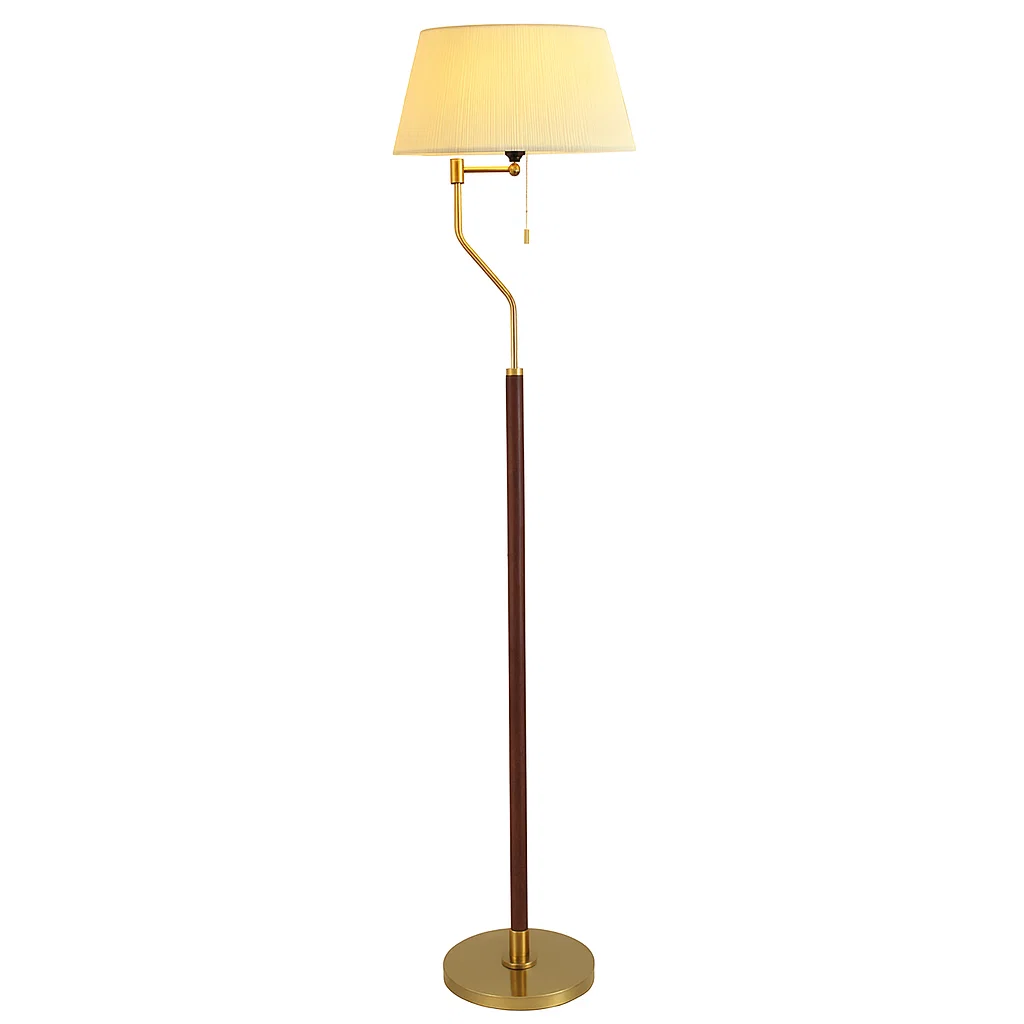 Lampadaire moderne en métal doré et bois avec abat-jour en tissu
