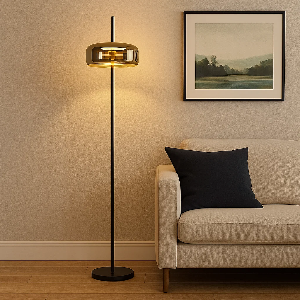 Lampadaire moderne en métal noir et abat-jour en verre électroplaqué