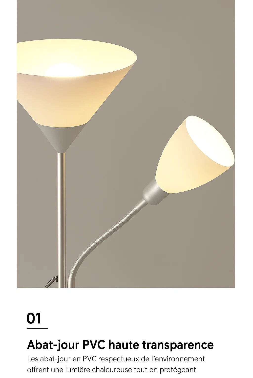 Lampadaire double tête avec bras flexible et abat-jour en PVC haute transparence