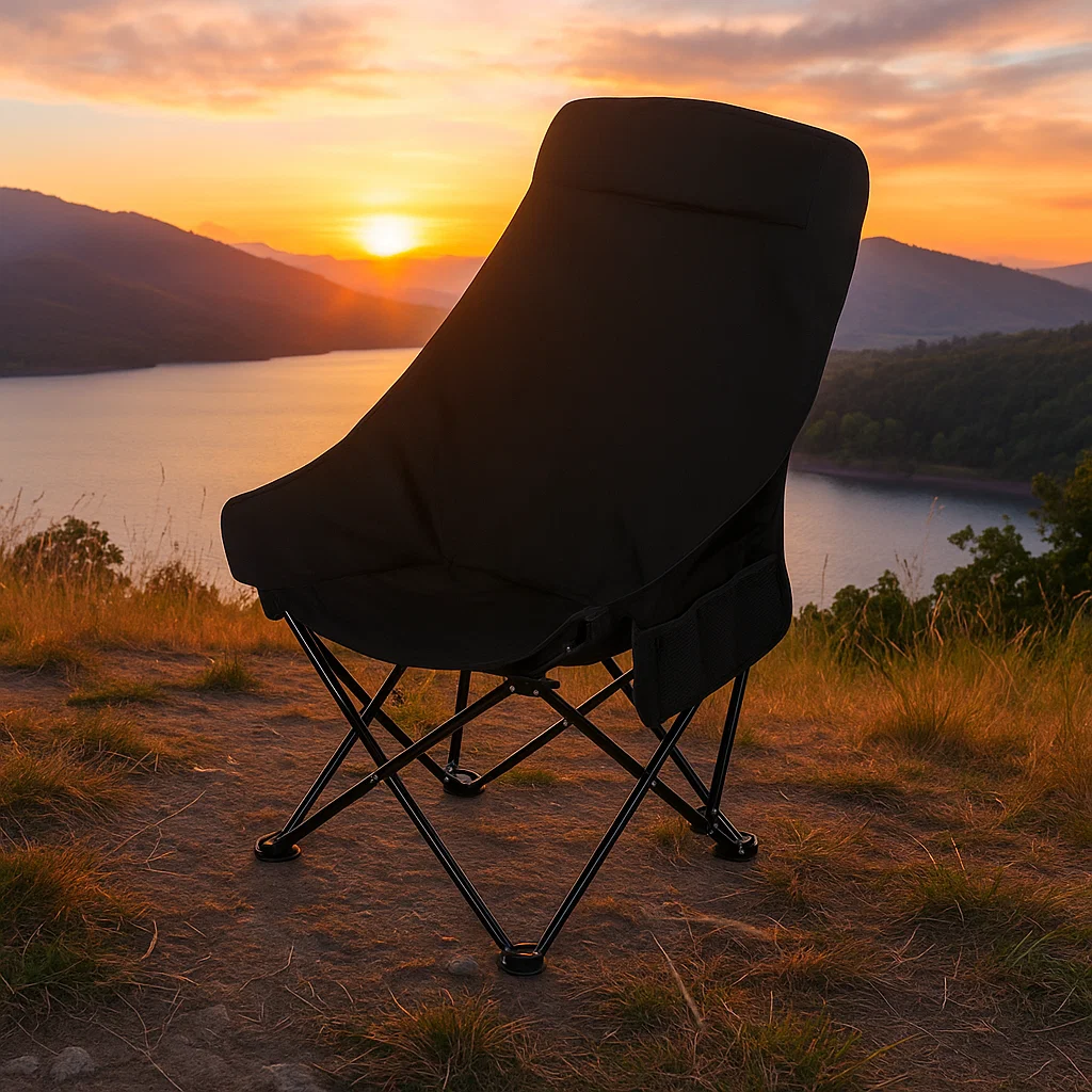 Chaise pliante de camping ergonomique avec dossier haut et poche latérale – Confort portable pour l’extérieur