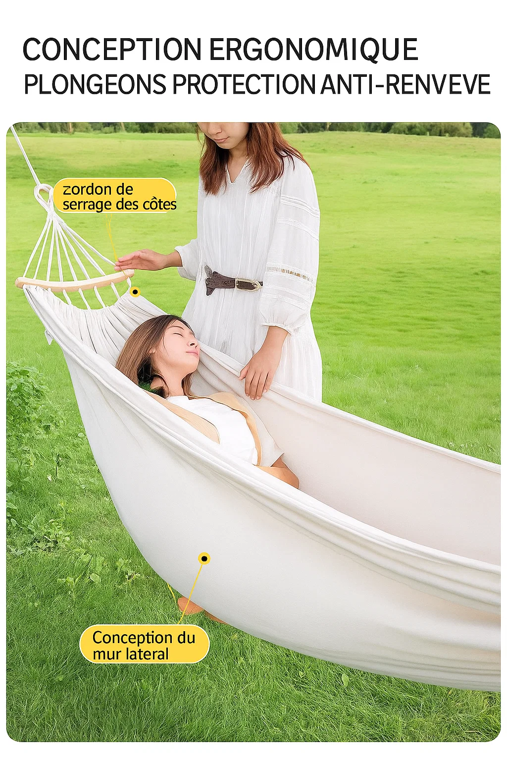 Hamac de camping double en toile respirante avec cordes renforcées et boucles métalliques