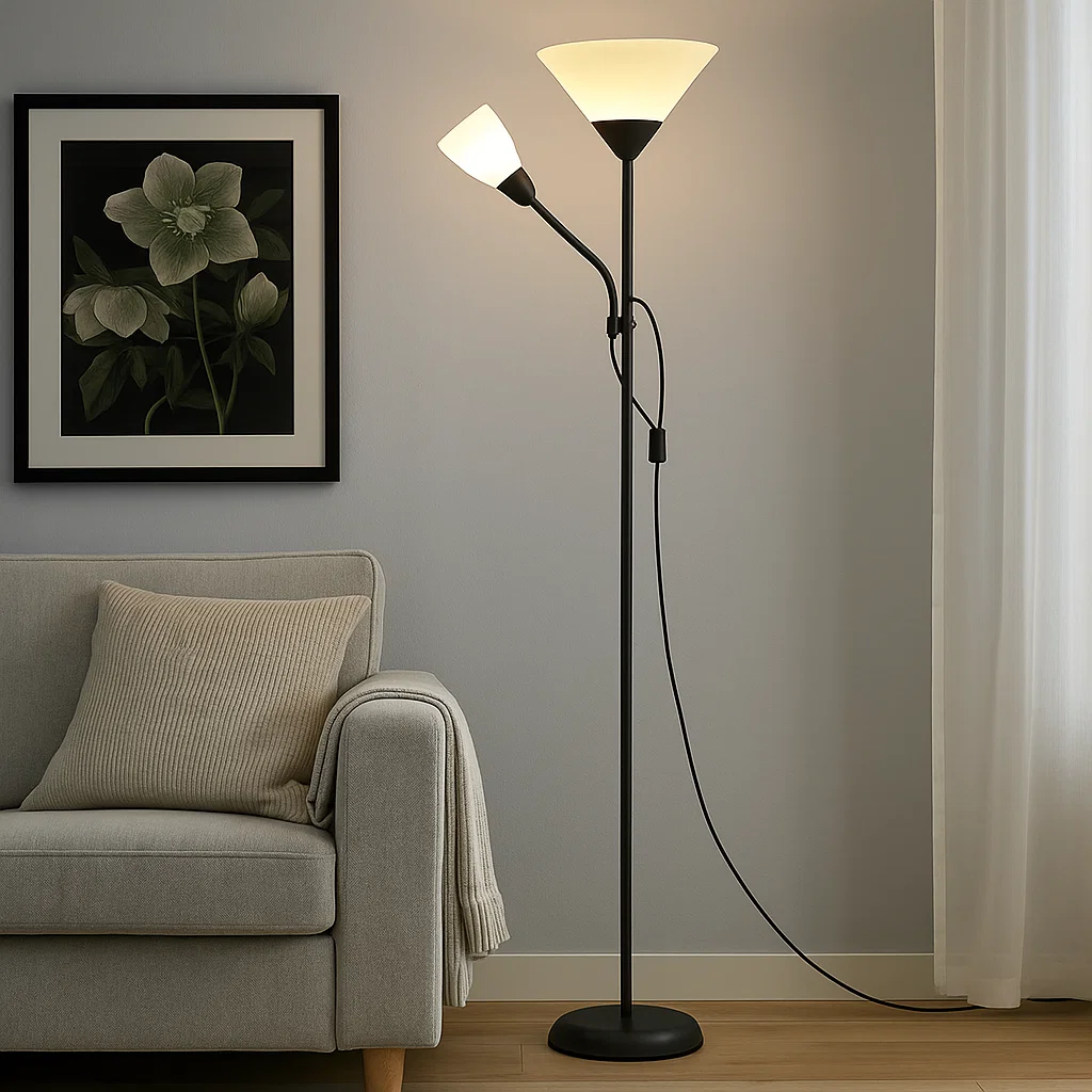 Lampadaire double tête avec bras flexible et abat-jour en PVC haute transparence