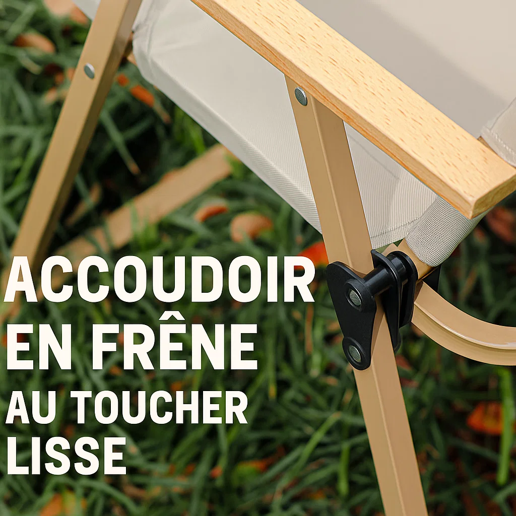 Chaise pliante de camping ergonomique avec accoudoirs en bois – Structure en acier renforcé 150 kg