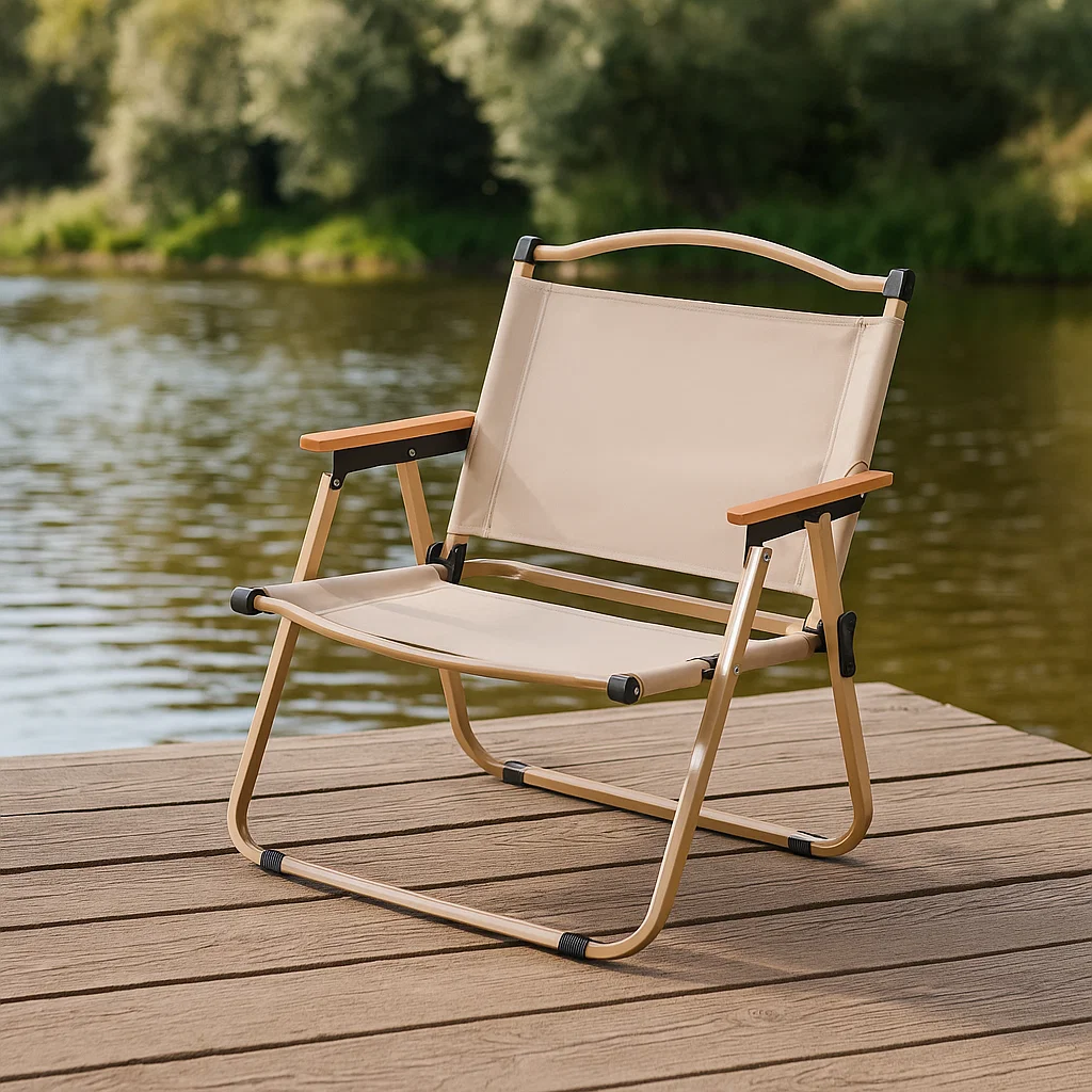 Chaise pliante de camping ergonomique avec accoudoirs en bois – Structure en acier renforcé 150 kg