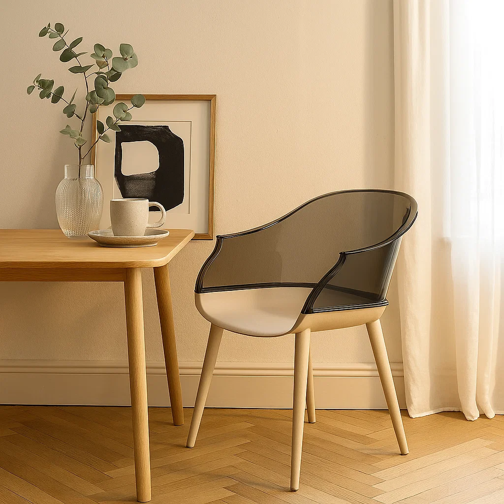 Chaise de salle à manger moderne avec dossier semi-enveloppant en PC transparent et assise ergonomique