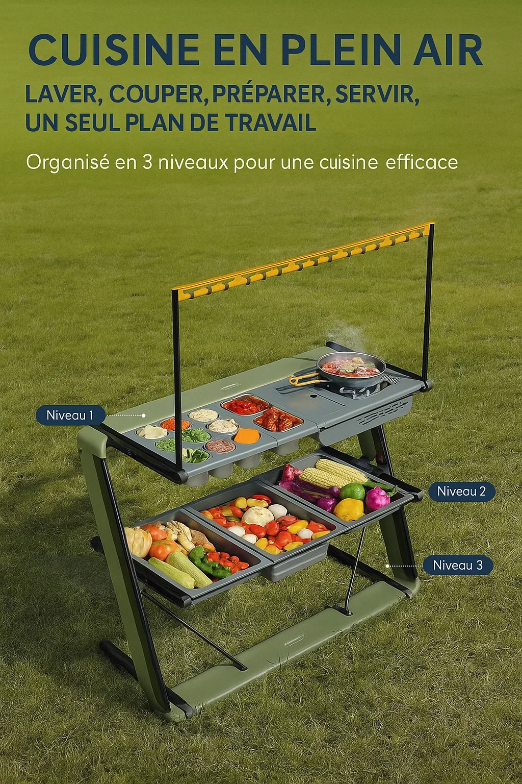 Table de cuisine extérieure pliante – station de cuisson portable multifonction 3 niveaux