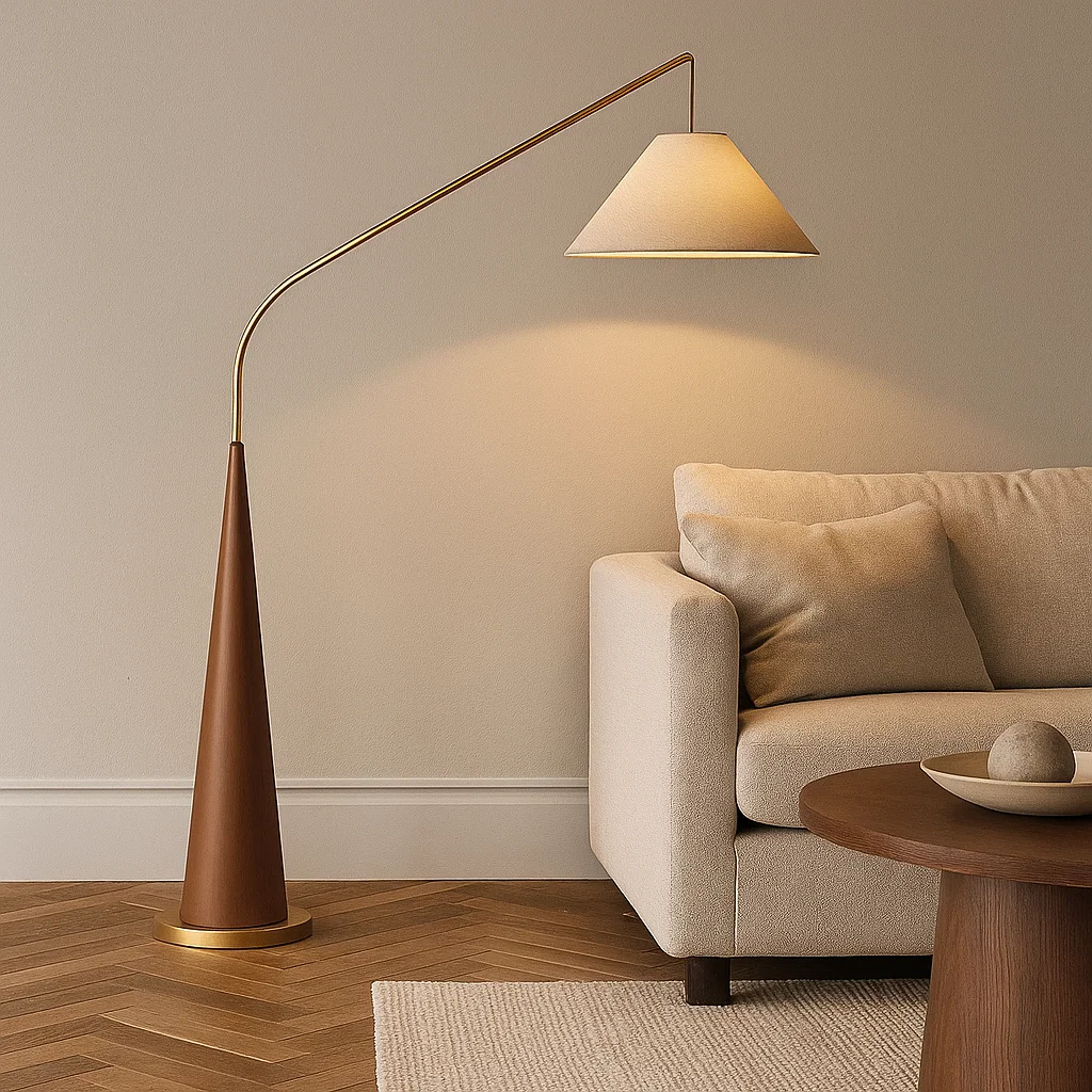 Lampadaire arc design moderne avec abat-jour en tissu et base conique en métal