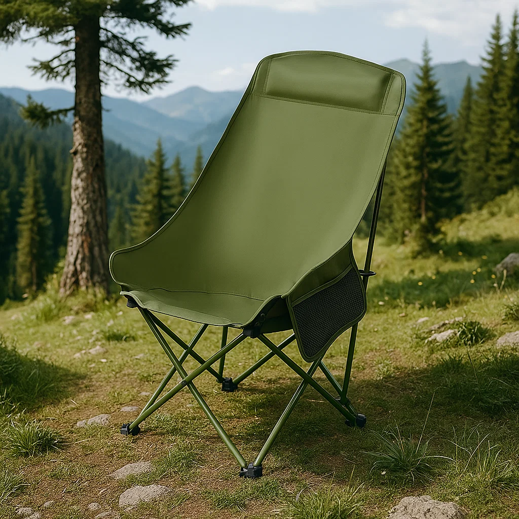 Chaise pliante de camping ergonomique avec dossier haut et poche latérale – Confort portable pour l’extérieur