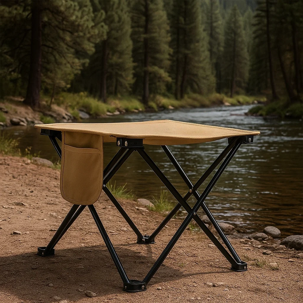 Table pliante de camping portable avec structure en acier et poche latérale