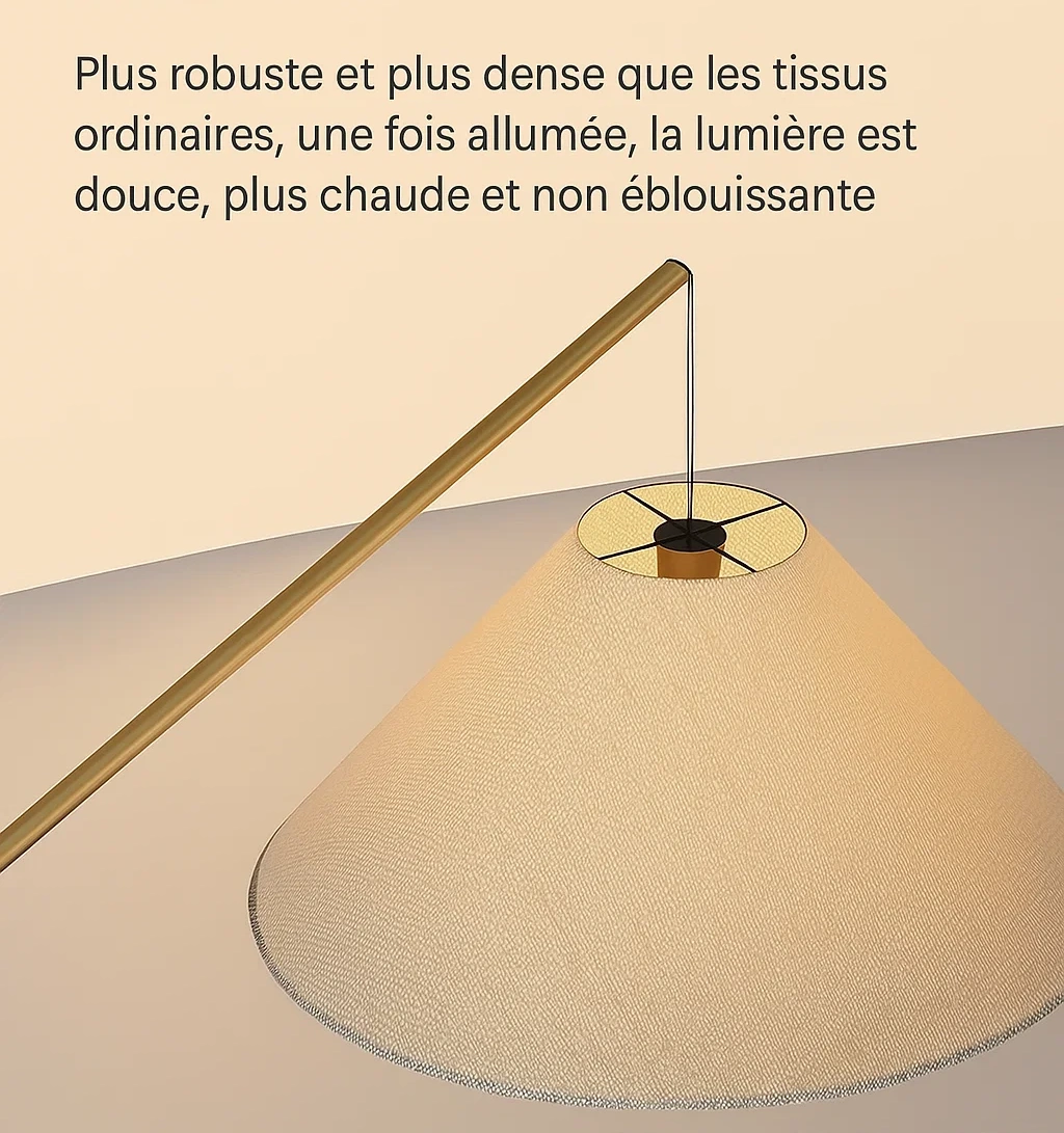 Lampadaire arc design moderne avec abat-jour en tissu et base conique en métal