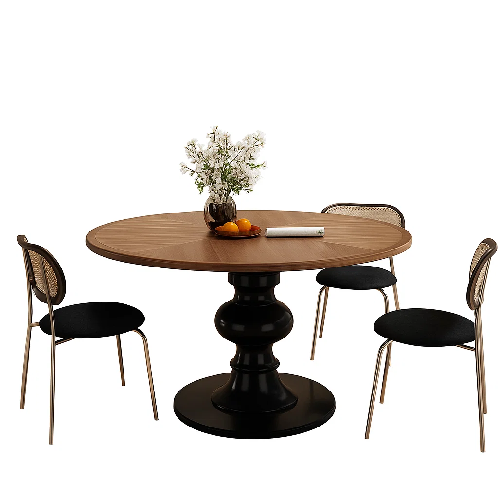 Table à manger ronde en noyer massif – Piétement sculptural design contemporain