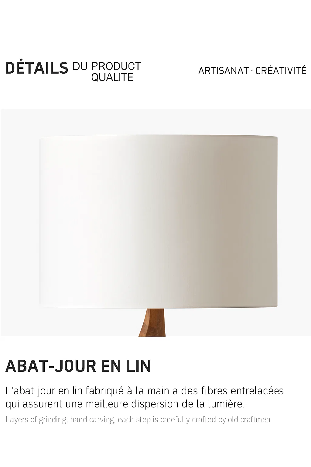 Lampe sur pied en bois sculpté avec abat-jour en lin – Design artistique et moderne
