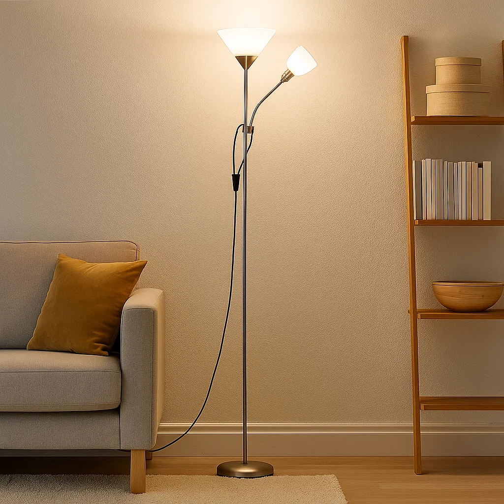 Lampadaire double tête avec bras flexible et abat-jour en PVC haute transparence