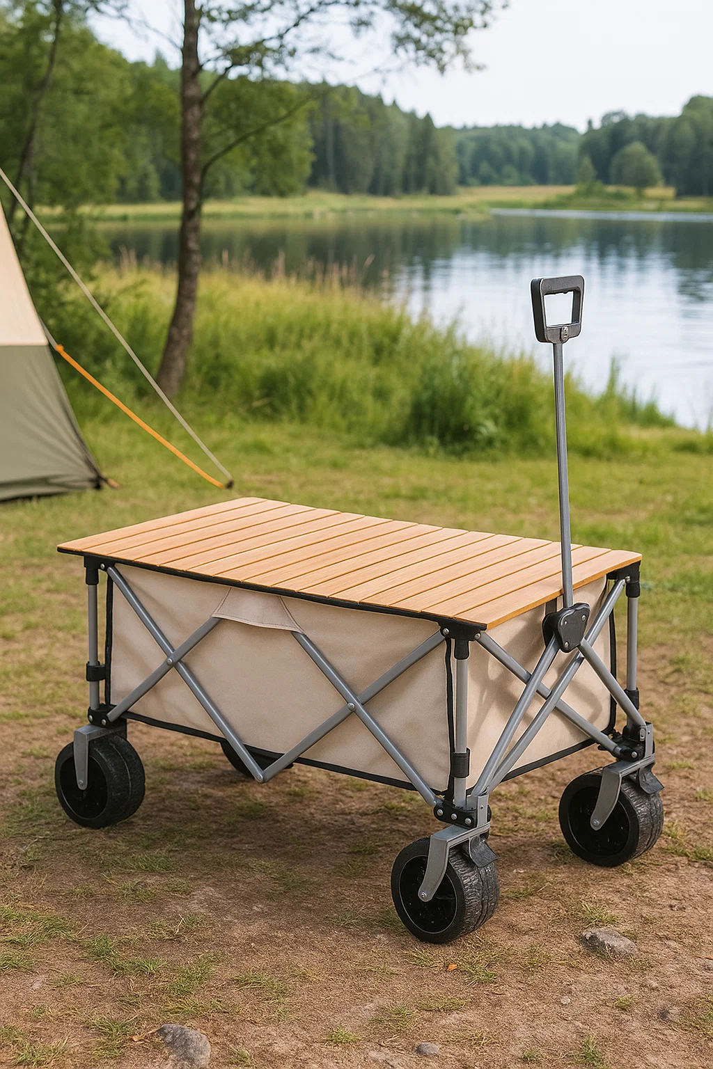 Chariot pliant de camping multifonction avec plateau en bois – Chariot à main portable et robuste
