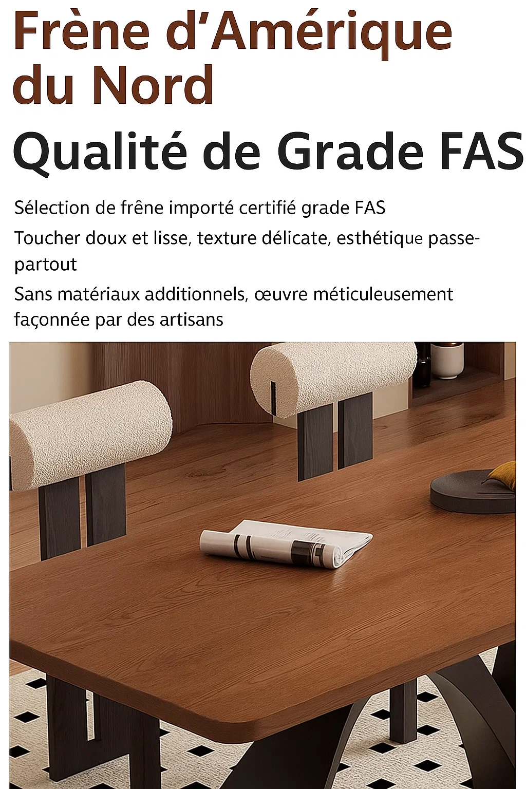 Table à manger design en frêne massif avec pieds en fer de type N