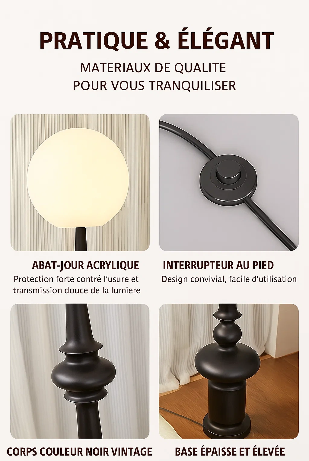 Lampadaire moderne à abat-jour sphérique en acrylique avec base noire mate