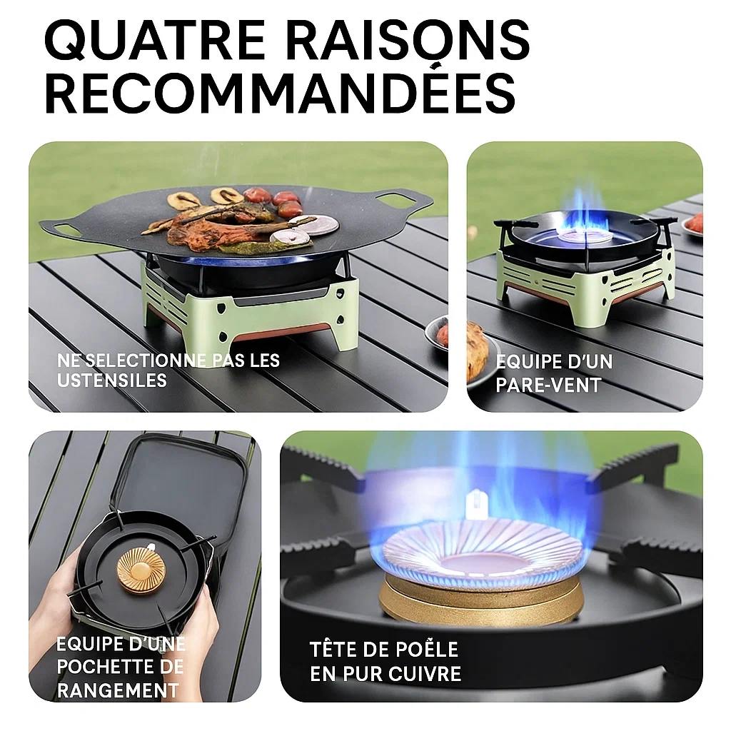 Réchaud de camping portable à gaz – brûleur en cuivre pur avec pare-vent intégré