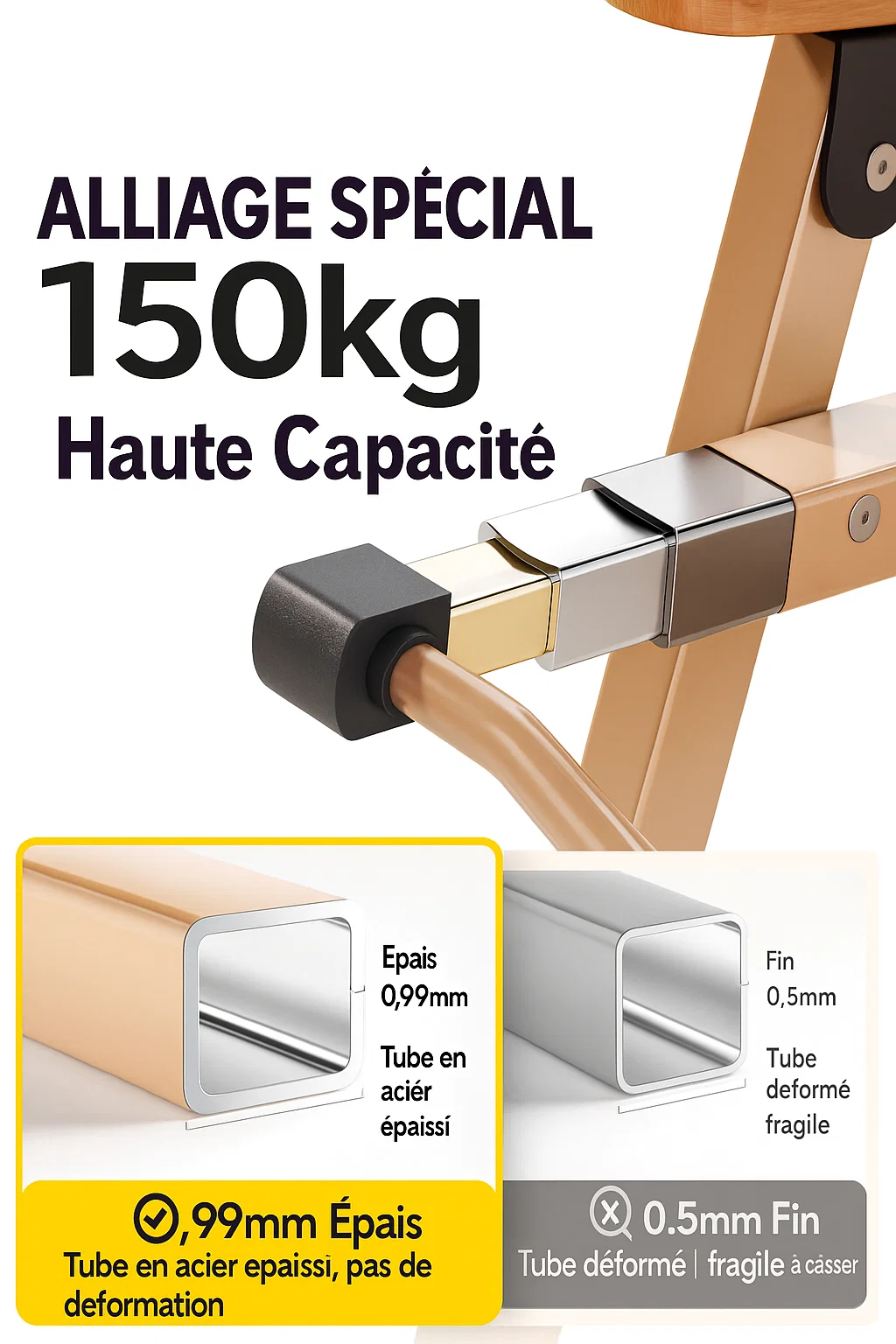 Chaise pliante de camping ergonomique avec accoudoirs en bois – Structure en acier renforcé 150 kg