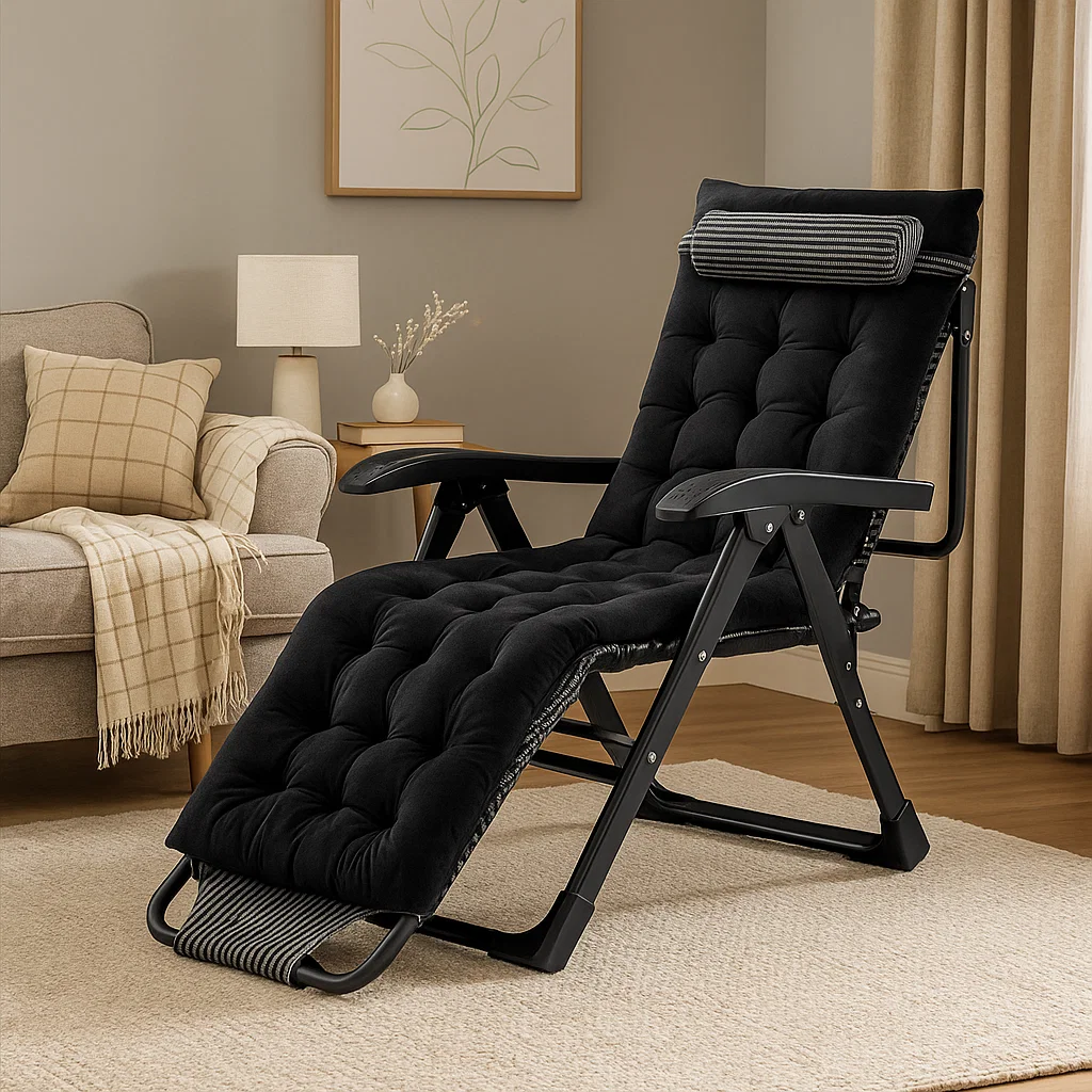 Chaise longue pliante réglable avec dossier inclinable et matelas épais