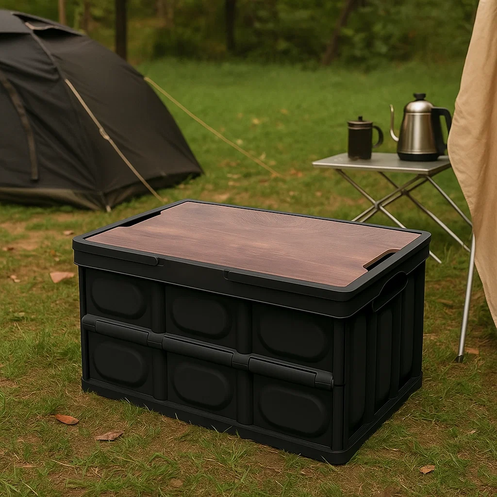 Boîte de rangement pliable avec couvercle en bois et poignées rétractables – Coffre de camping multifonction