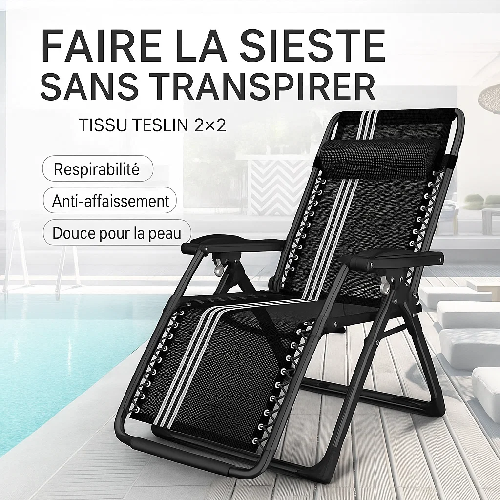 Chaise longue pliante ergonomique inclinable avec dossier réglable et support de tête