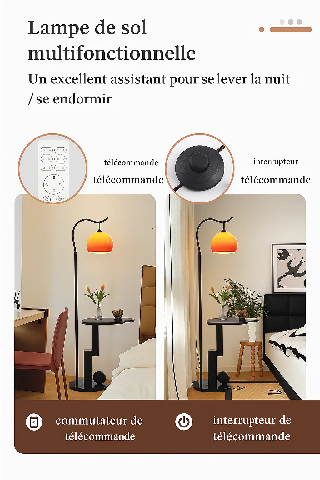 Lampadaire multifonction en bois massif avec abat-jour en verre coloré et table intégrée