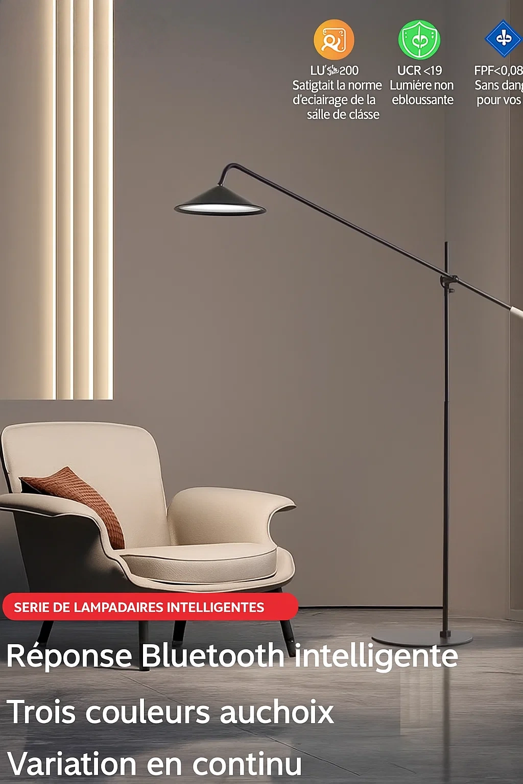 Lampadaire intelligent minimaliste avec bras orientable et contrôle Bluetooth