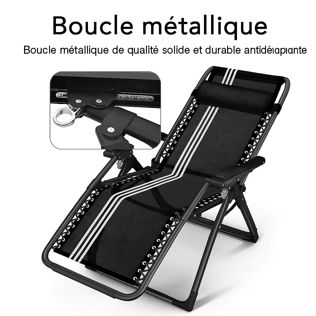 Chaise longue pliante ergonomique inclinable avec dossier réglable et support de tête