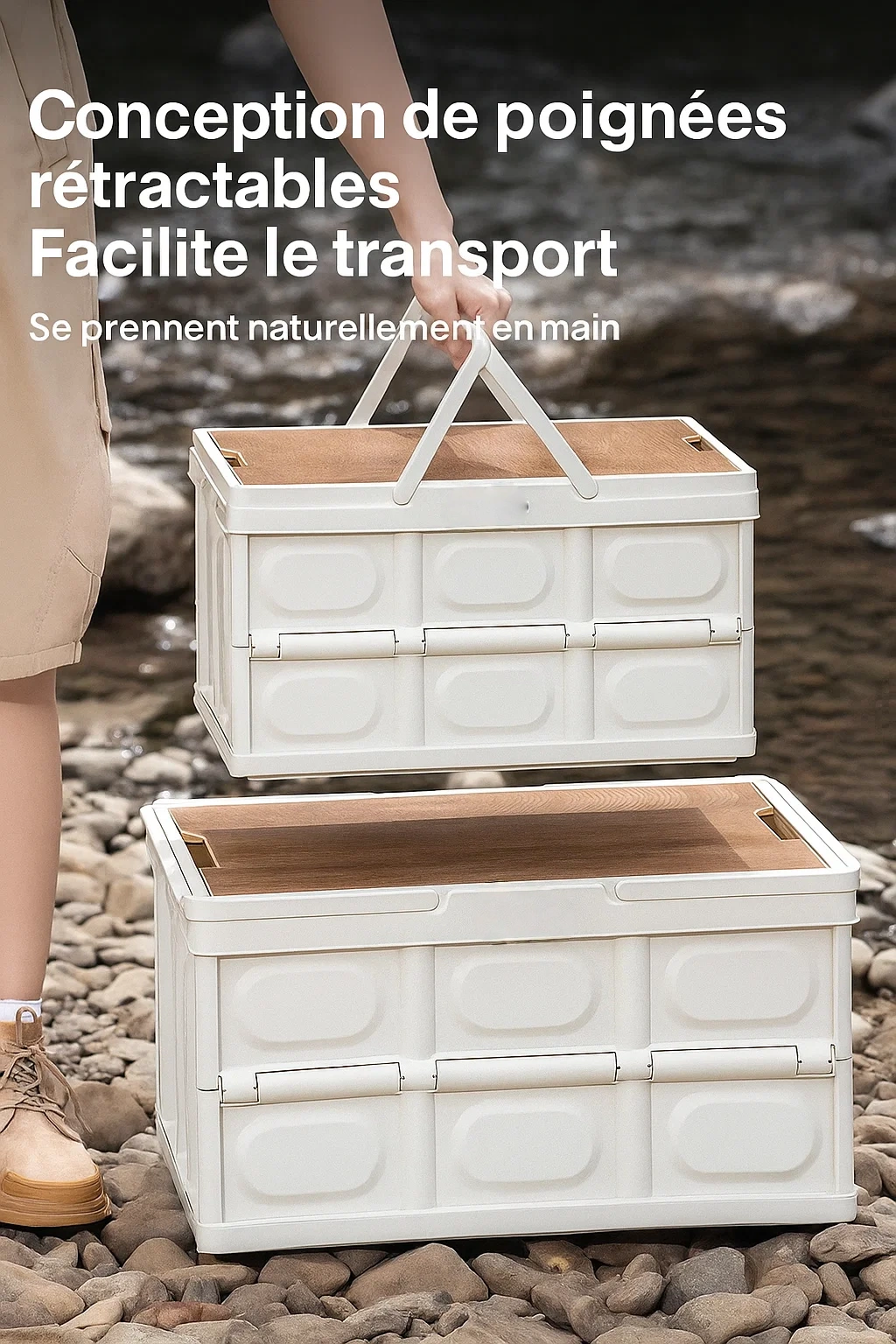 Boîte de rangement pliable avec couvercle en bois et poignées rétractables – Coffre de camping multifonction