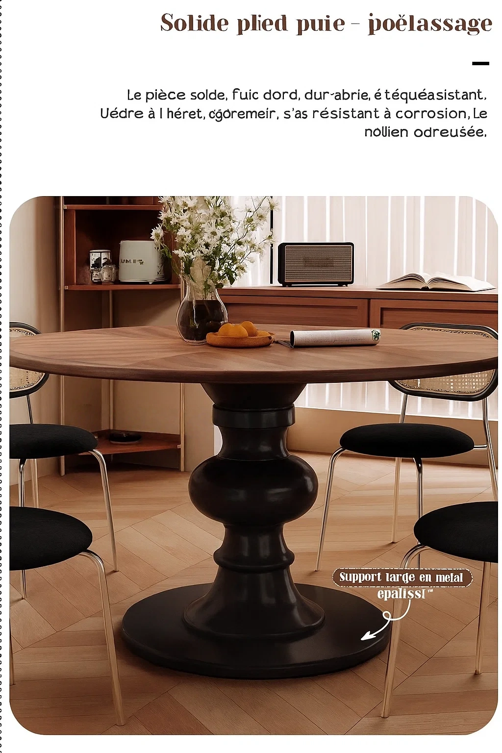 Table à manger ronde en noyer massif – Piétement sculptural design contemporain