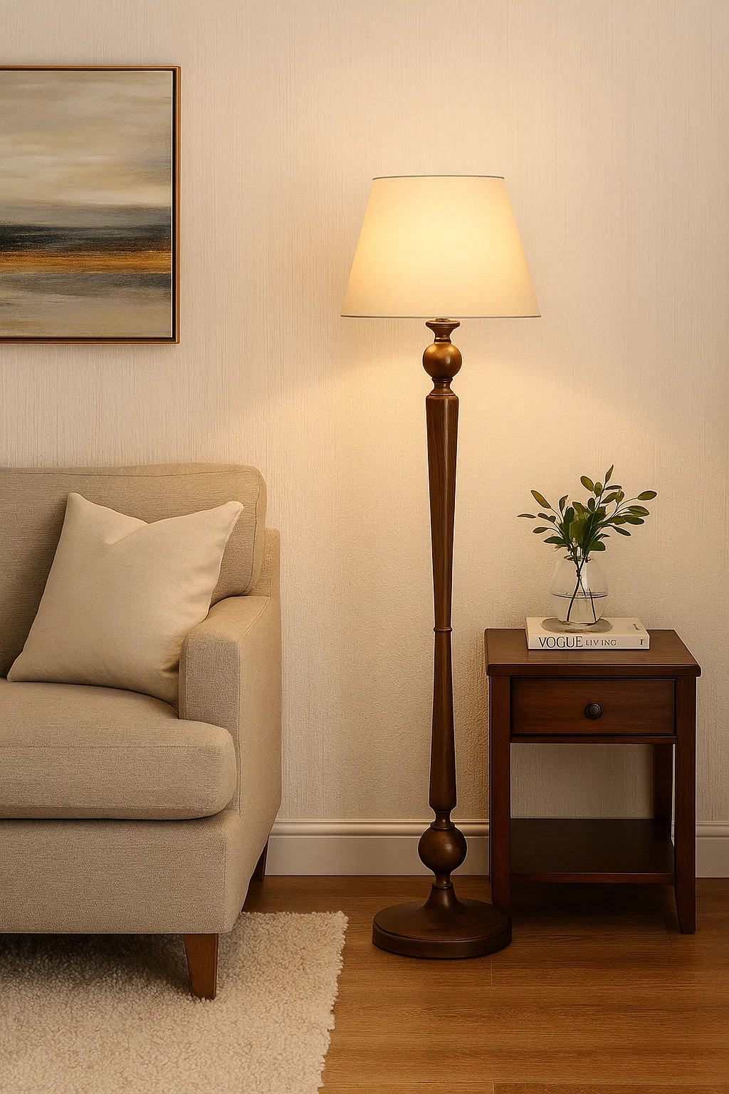 Lampadaire en bois de noyer avec abat-jour en lin artisanal