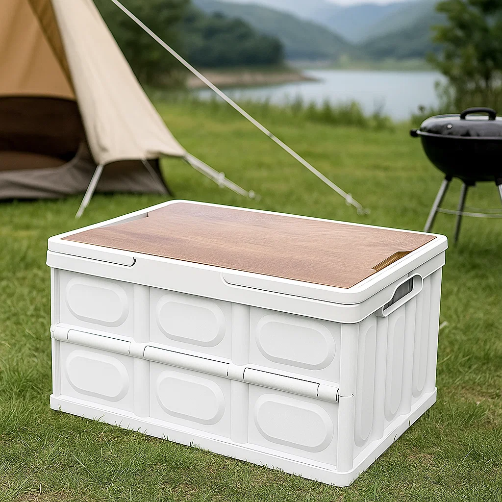 Boîte de rangement pliable avec couvercle en bois et poignées rétractables – Coffre de camping multifonction