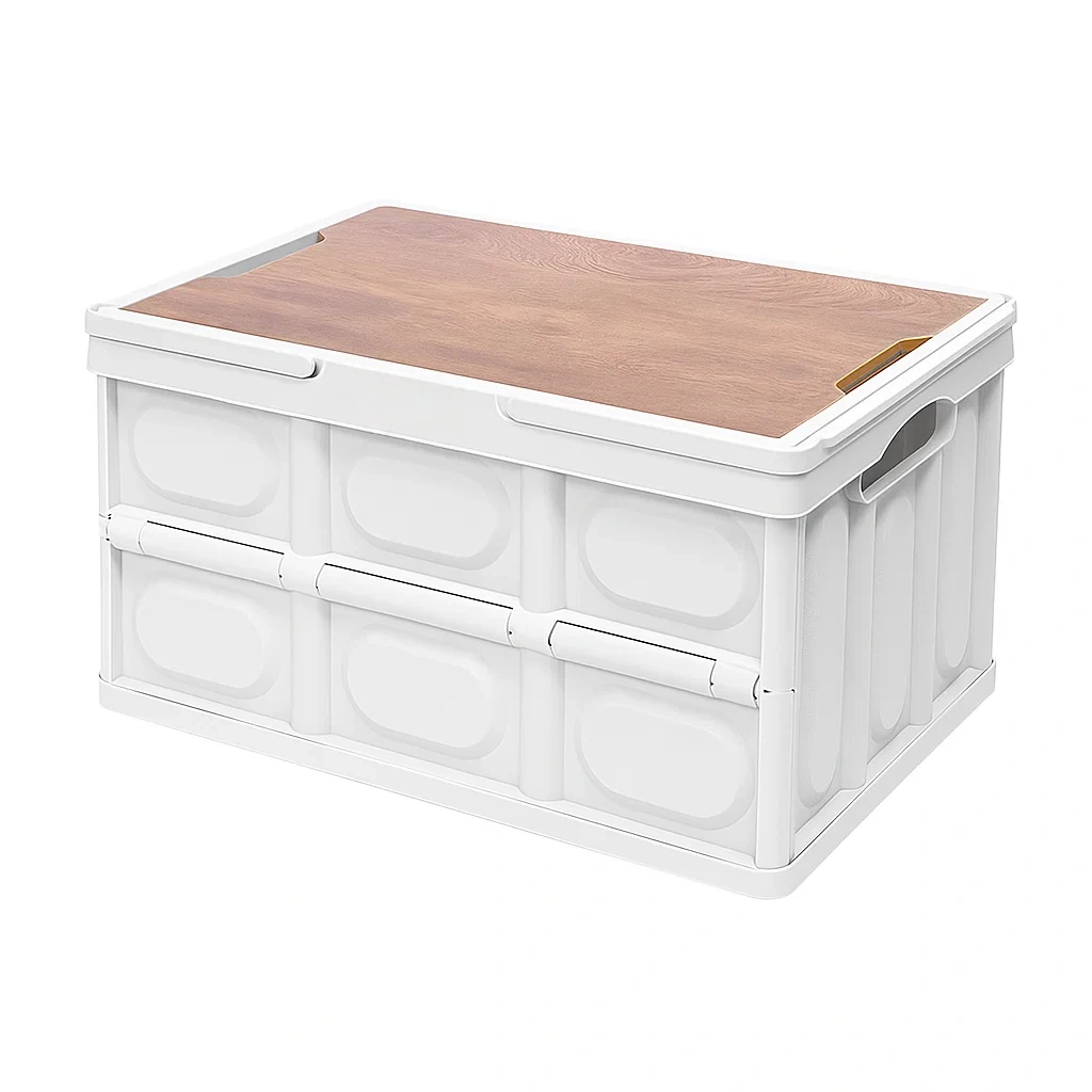 Boîte de rangement pliable avec couvercle en bois et poignées rétractables – Coffre de camping multifonction