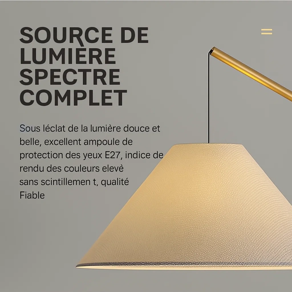 Lampadaire arc design moderne avec abat-jour en tissu et base conique en métal