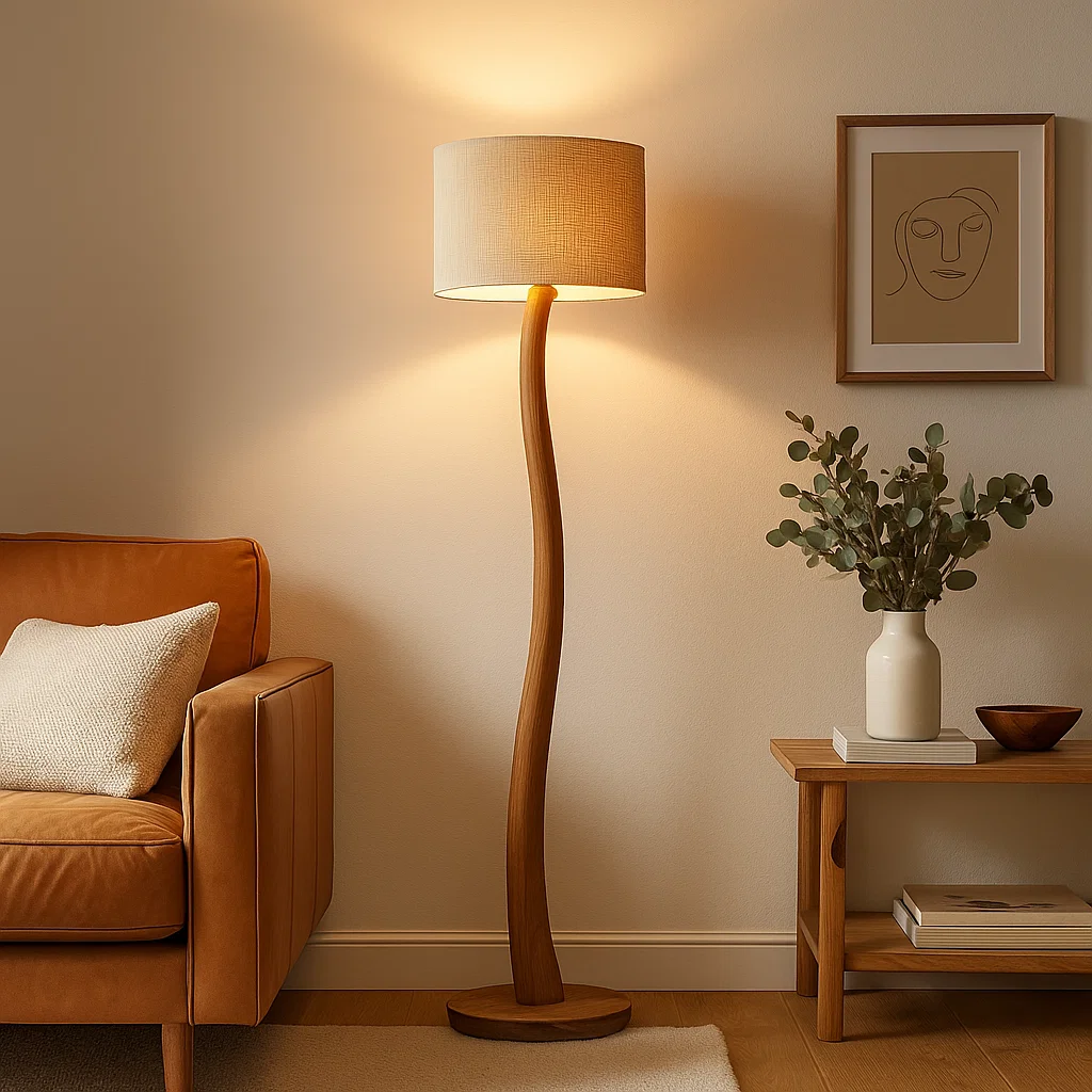 Lampe sur Pied en Bois avec Abat-jour en Lin, Design Naturel et Élégant