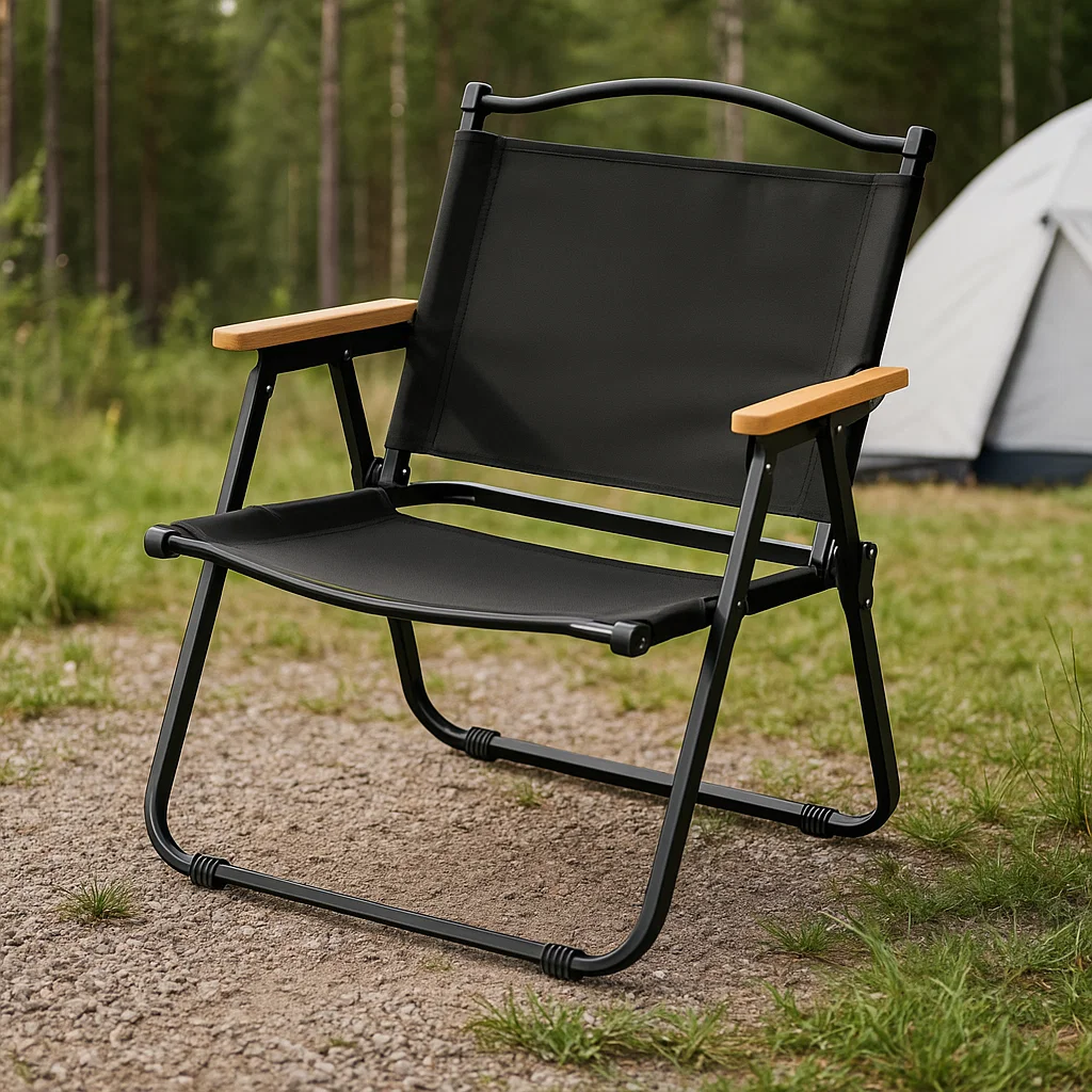 Chaise pliante de camping ergonomique avec accoudoirs en bois – Structure en acier renforcé 150 kg
