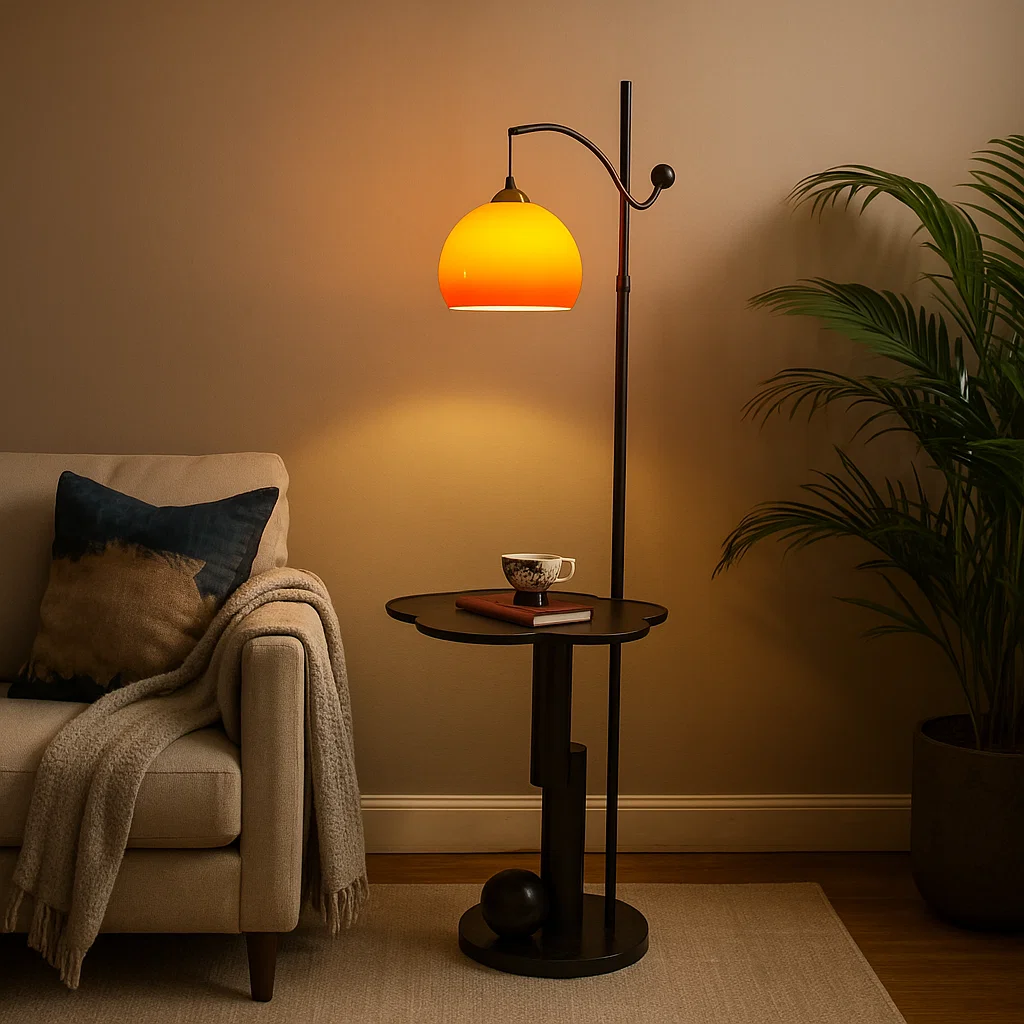 Lampadaire multifonction en bois massif avec abat-jour en verre coloré et table intégrée