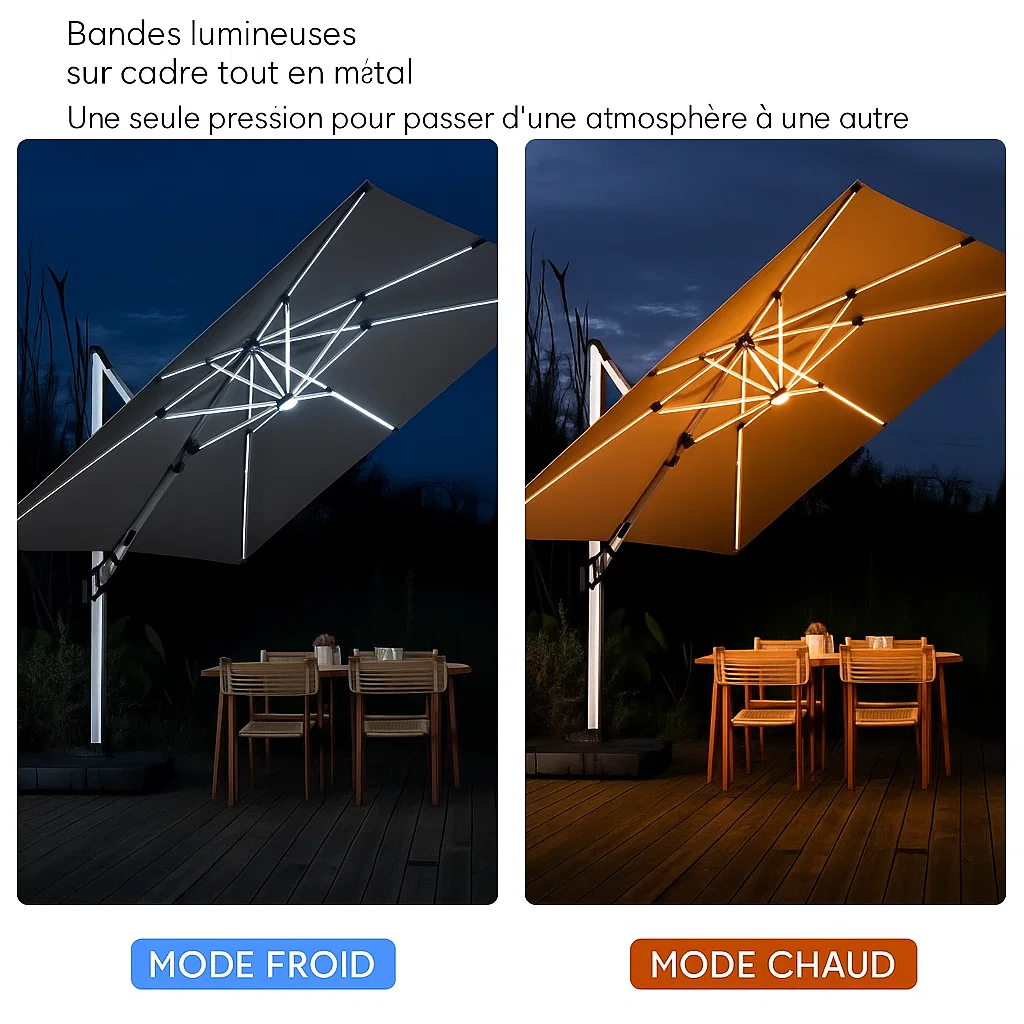 Parasol déporté LED rotatif – structure en aluminium robuste avec éclairage intégré