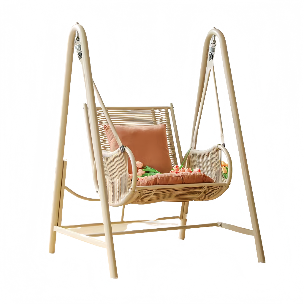 Chaise balançoire d’intérieur et d’extérieur en rotin synthétique avec coussins